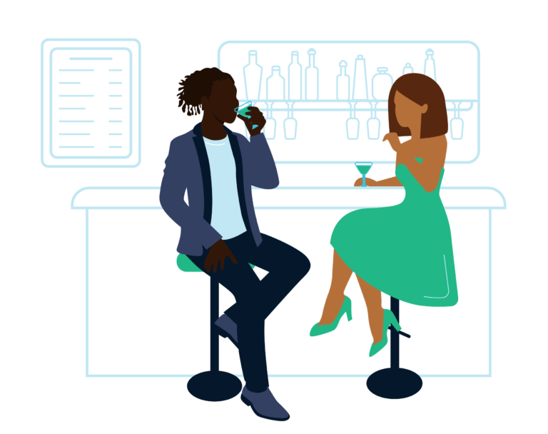 a cartoon illustration of a black couple at a bar in Baltimore, MD