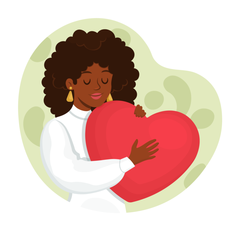 a cartoon illustration of a mental health therapist in Baltimore, MD hugging a heart